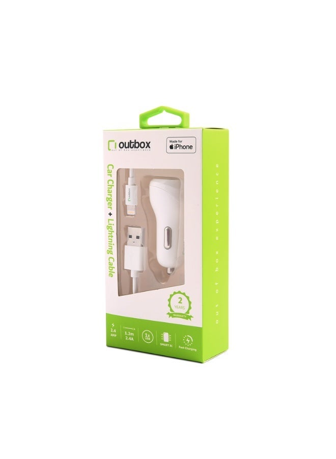 أوت بوكس شاحن سيارة 2.4 أمبير، منفذ USB واحد + كابل USB لايتنينج، 2.4 أمبير، 1.2 متر، أبيض - Image 4